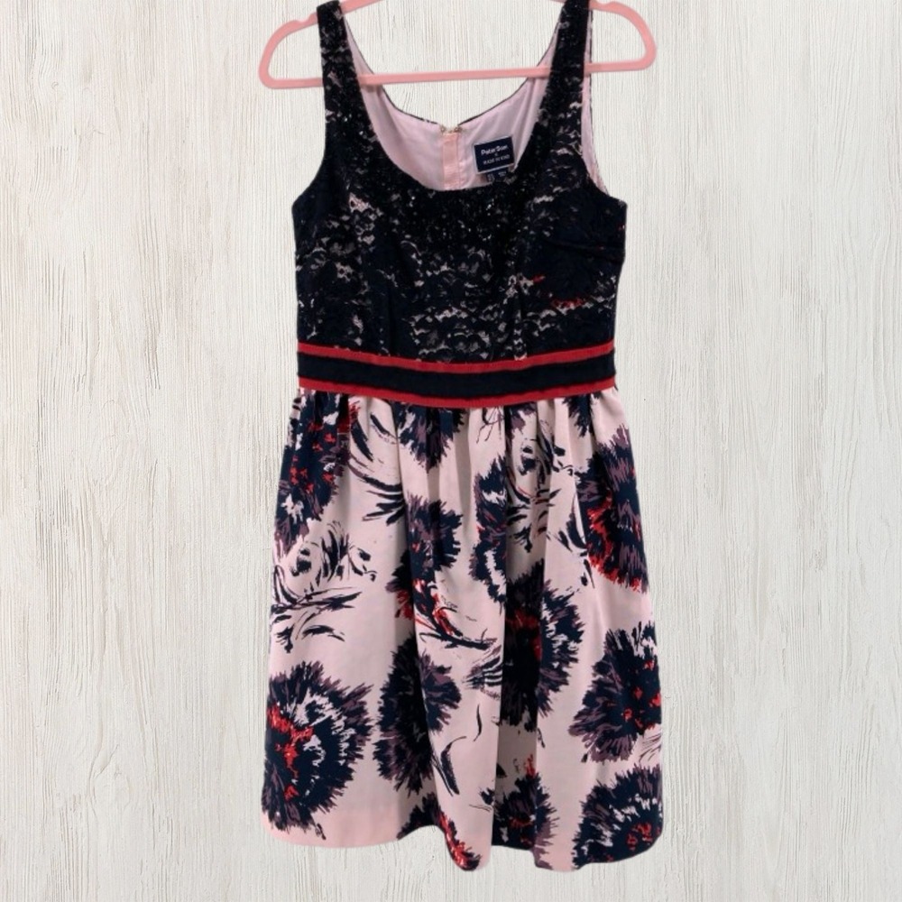 Peter Som x Made in Kind Floral Lace Fit Flare Dress Pink Black Sz 8 Tulle Party